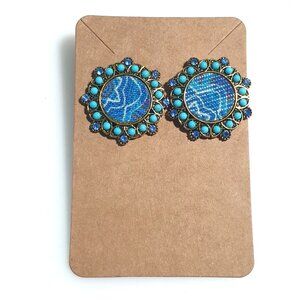Round Bohemian Blue Stud Earring Gold Tone Boho Women Beach Core Mom Gift Fabric